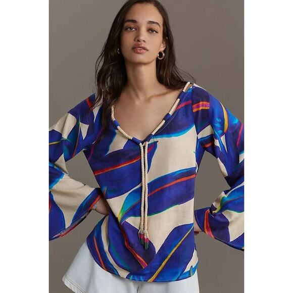 FARM Rio for Anthropologie Tops - Farm Rio Long-Sleeve Rope-Tie Linen Blouse
